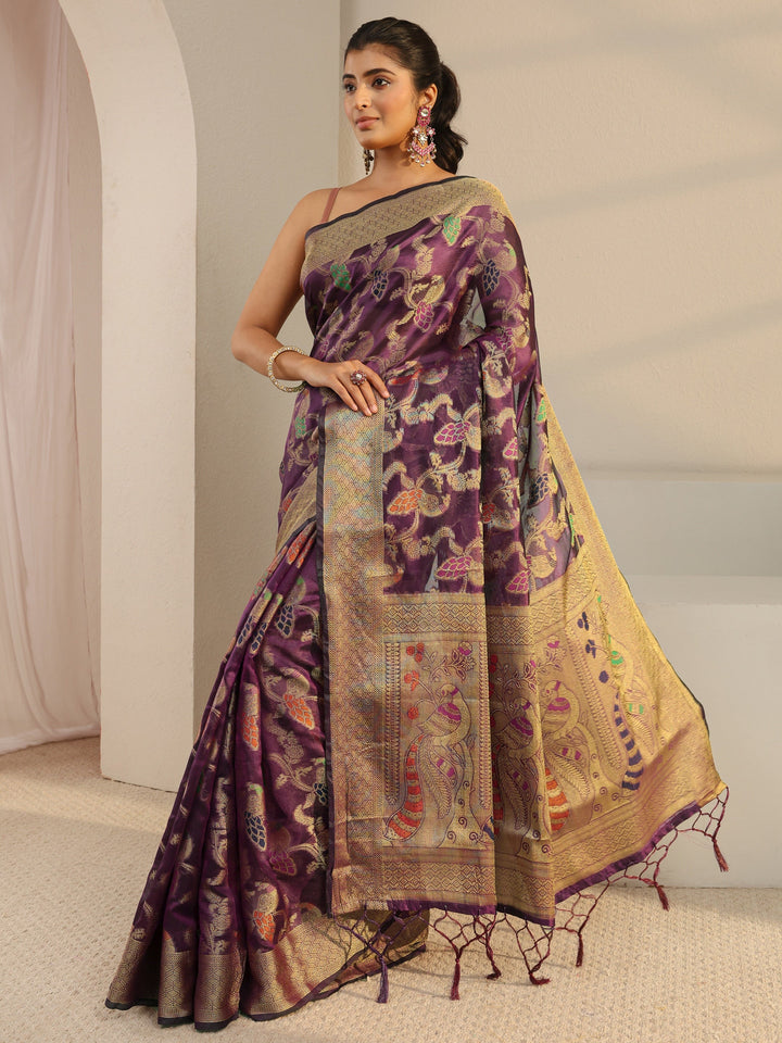 Purple Floral Woven Design Silk Blend Saree With Unstitched Blouse Piece