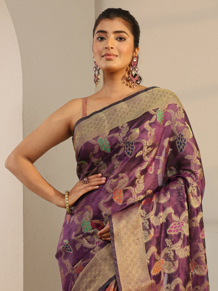Purple Floral Woven Design Silk Blend Saree With Unstitched Blouse Piece