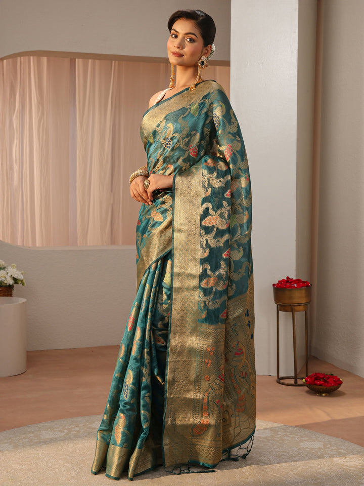 Blue Floral Woven Design Silk Blend Saree