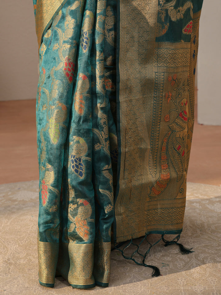 Blue Floral Woven Design Silk Blend Saree