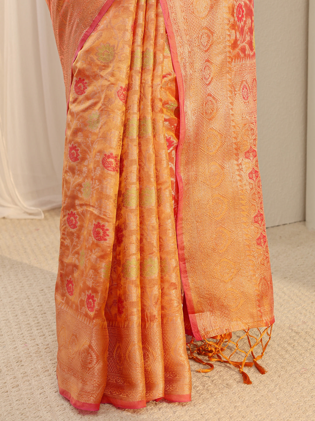 Orange Floral Woven Design Silk Blend Saree With Unstitched Blouse Piece
