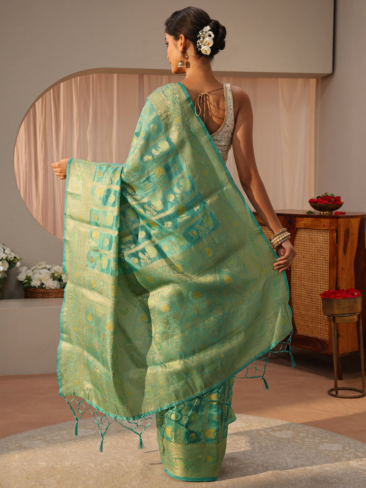 Green Floral Woven Design Silk Blend Saree