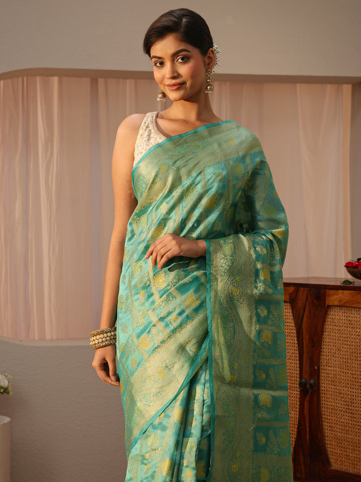 Green Floral Woven Design Silk Blend Saree