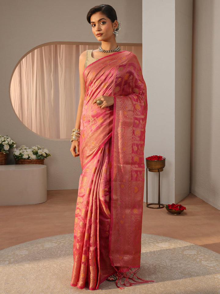 Pink Floral Woven Design Silk Blend Saree