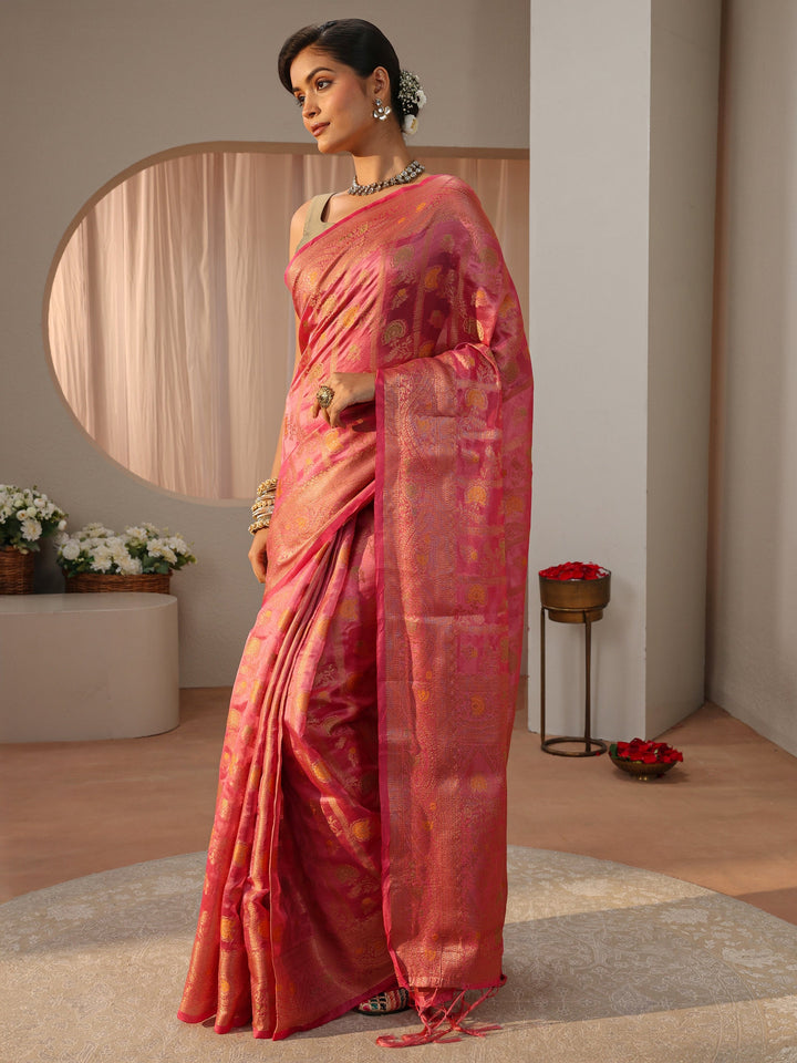 Pink Floral Woven Design Silk Blend Saree