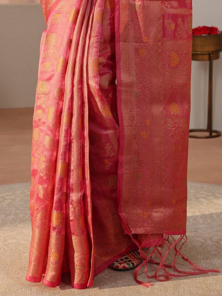 Pink Floral Woven Design Silk Blend Saree