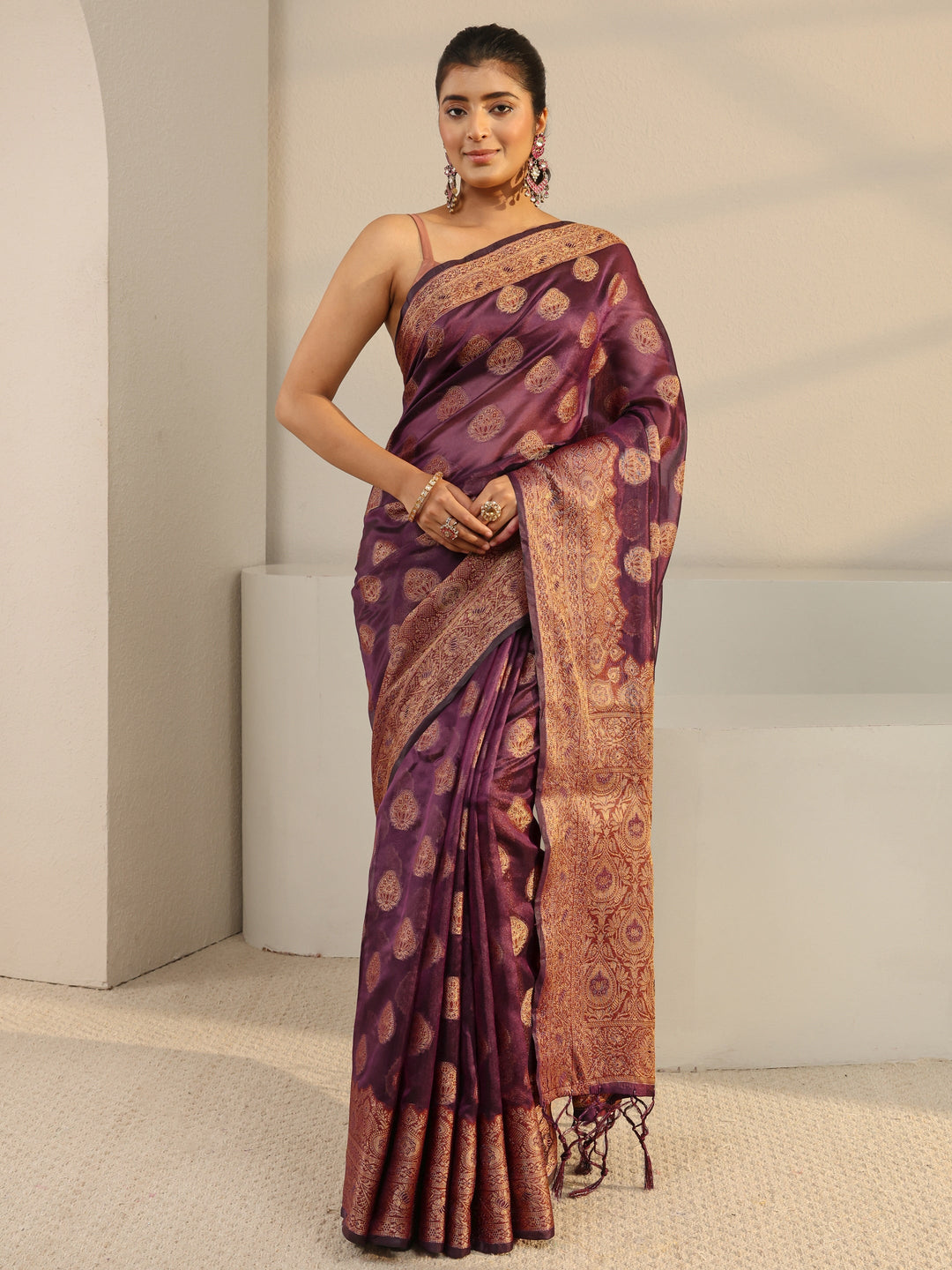 Burgundy Ethnic Woven Design Silk Blend Saree With Unstitched Blouse Piece