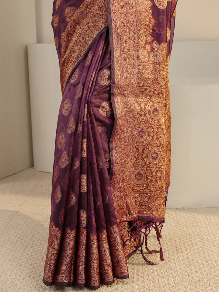 Burgundy Ethnic Woven Design Silk Blend Saree With Unstitched Blouse Piece