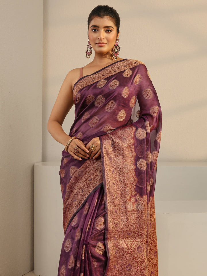 Burgundy Ethnic Woven Design Silk Blend Saree With Unstitched Blouse Piece
