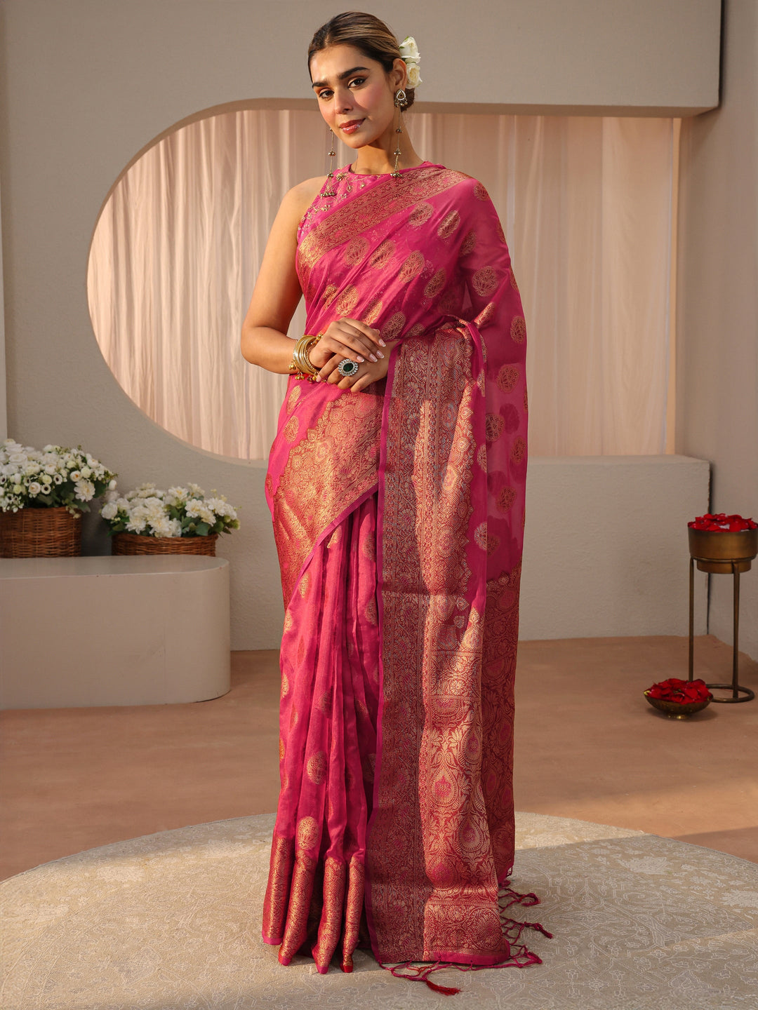 Pink Banarasi Silk Blend Saree