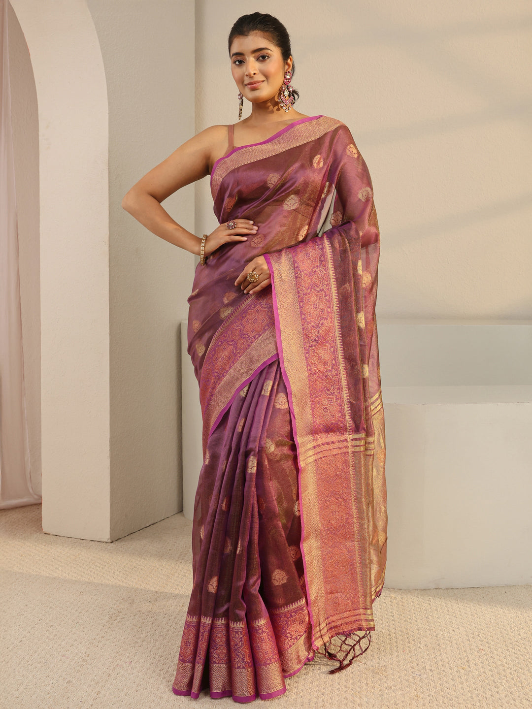 Libas Burgundy Jacquard Woven Design Silk Blend Saree