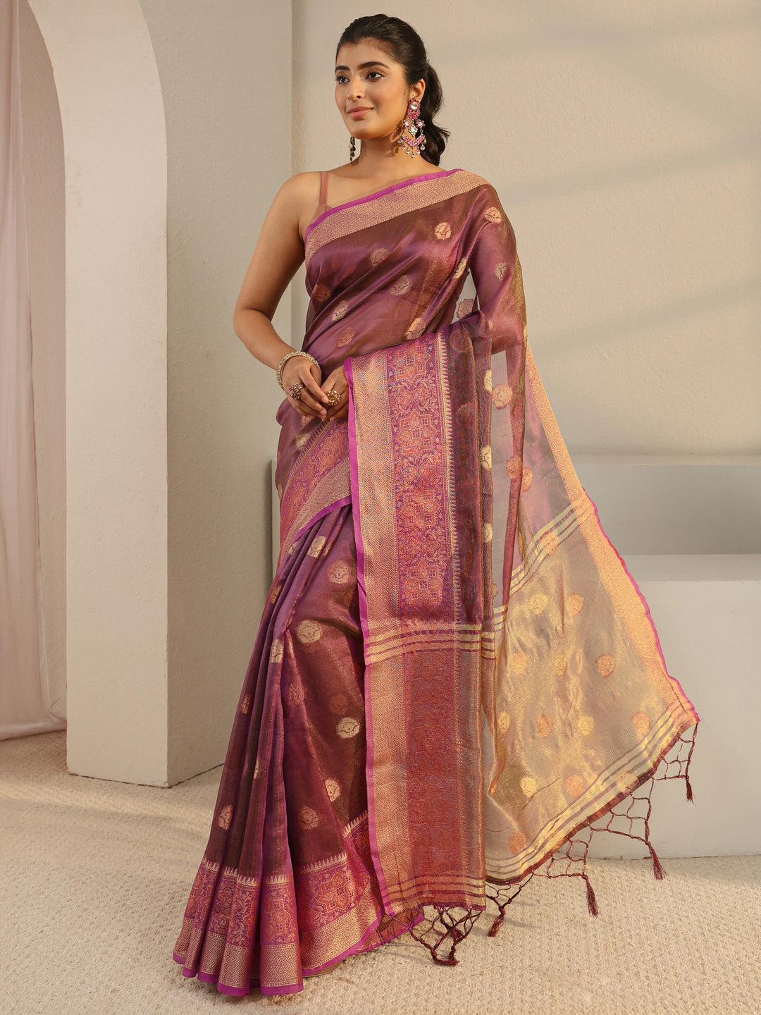 Burgundy Ethnic Woven Design Silk Blend Saree With Unstitched Blouse Piece