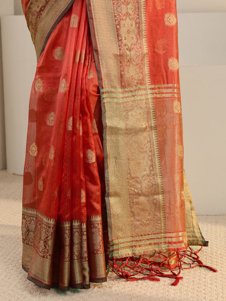 Red Ethnic Woven Design Silk Blend Saree With Unstitched Blouse Piece