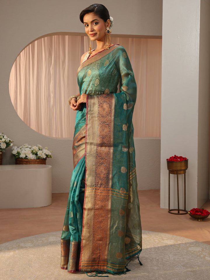 Blue Jacquard Woven Design Silk Blend Saree