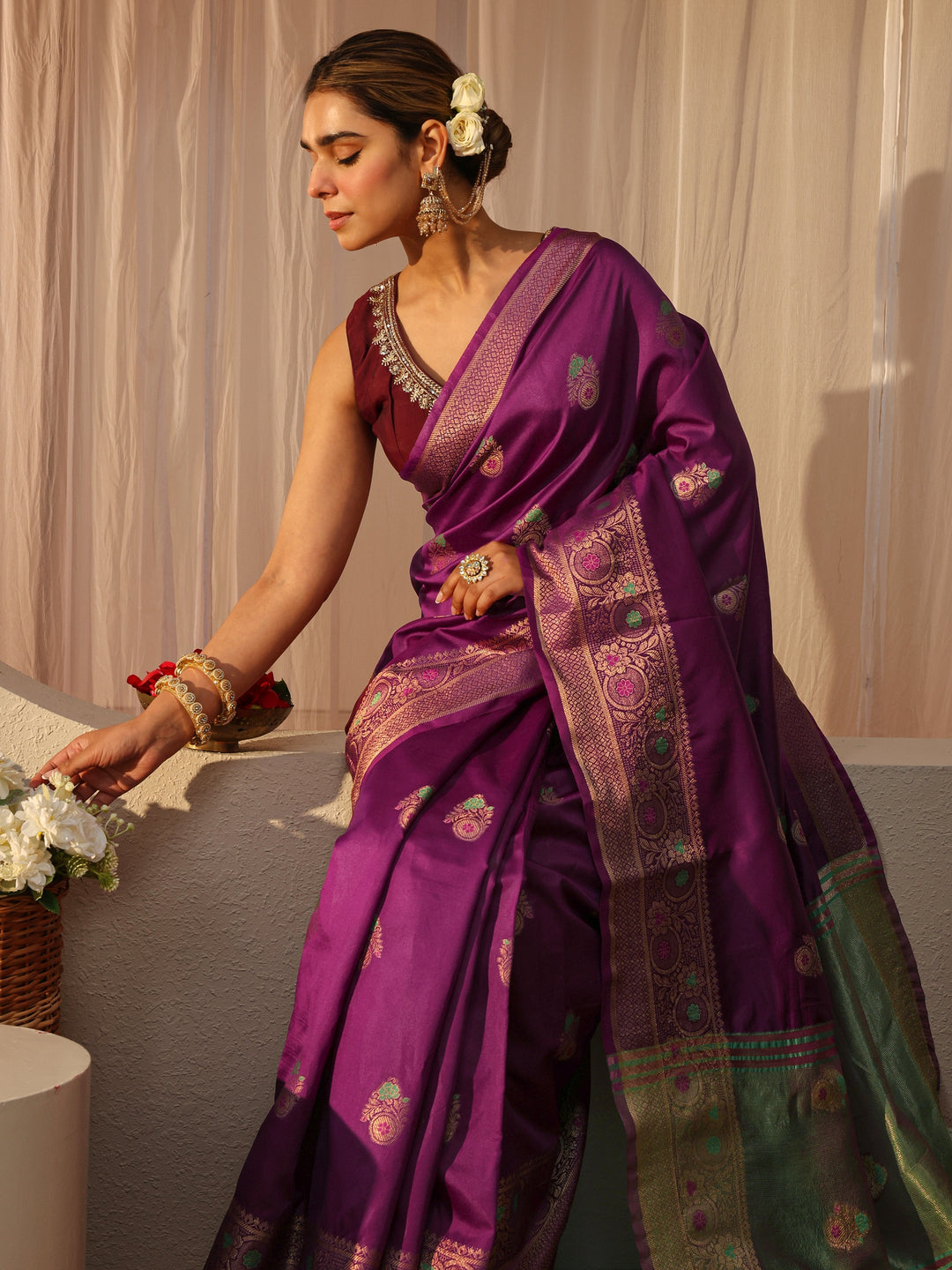Purple Kanjeevaram Silk Blend Saree