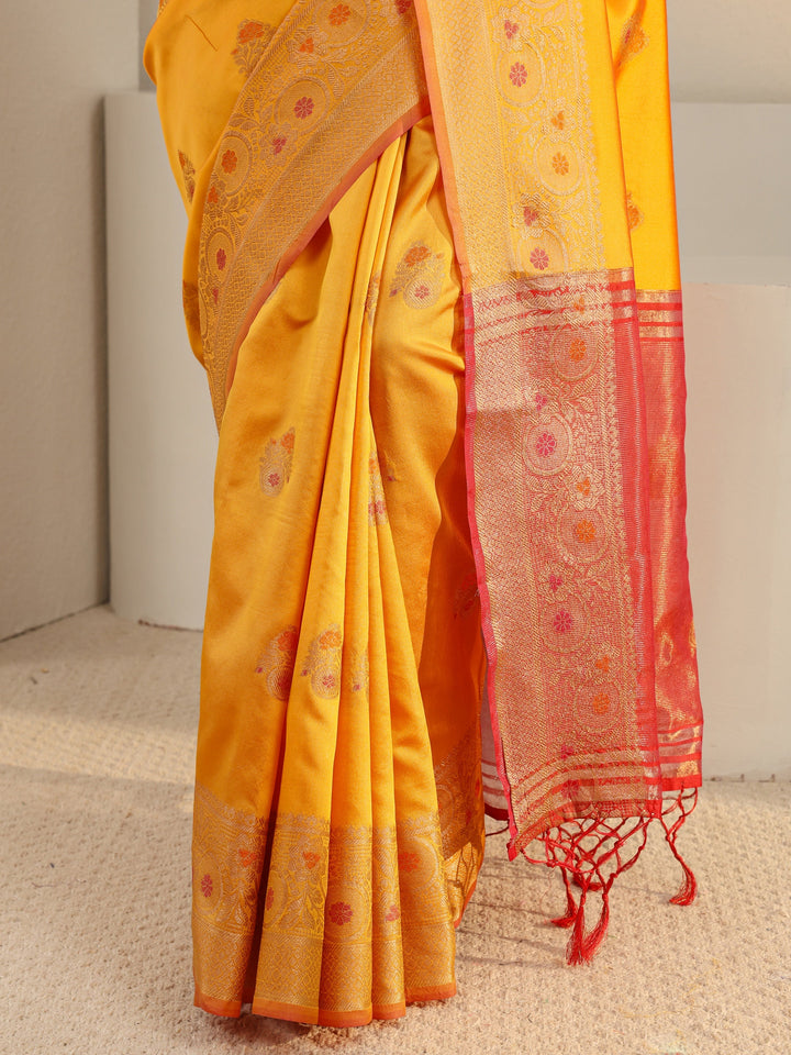 Mustard Floral Woven Design Silk Blend Saree With Unstitched Blouse Piece