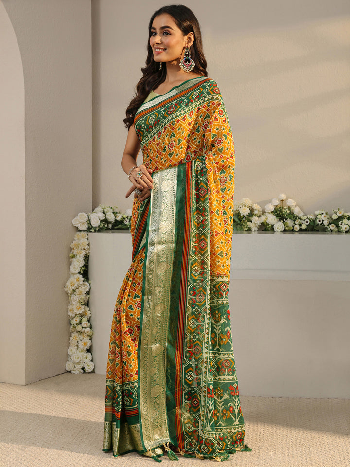Mustard Pochampally Ikkat Chiffon Saree With Unstitched Blouse Piece
