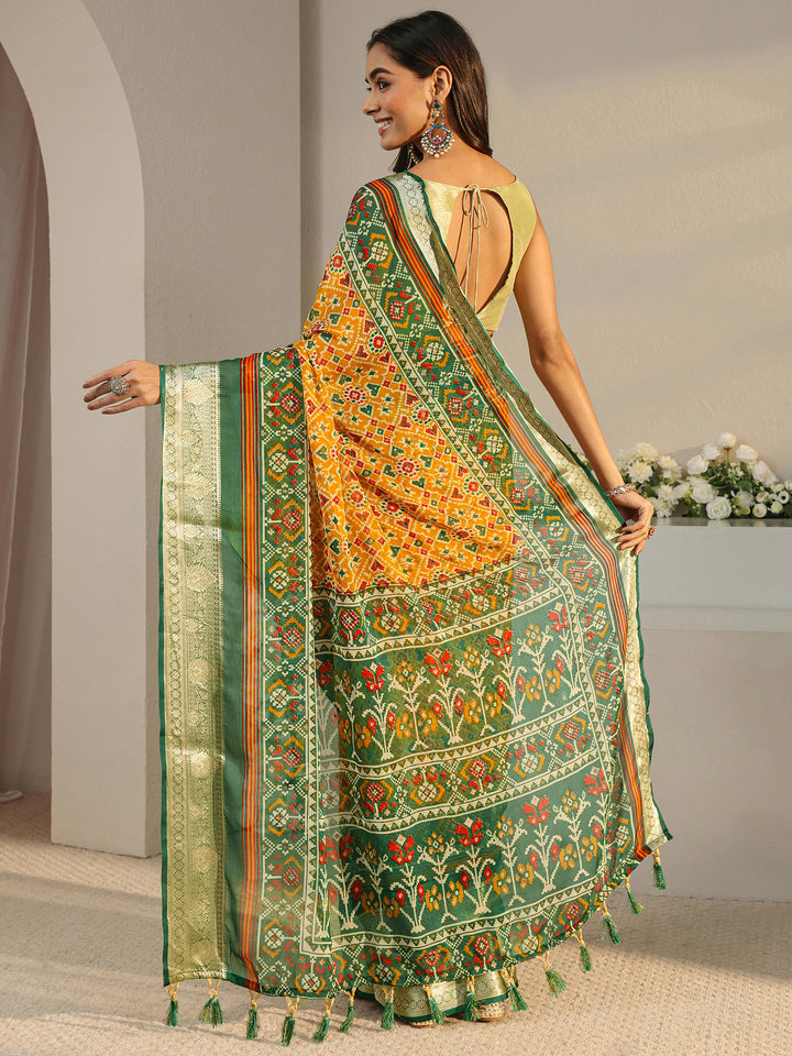 Mustard Pochampally Ikkat Chiffon Saree With Unstitched Blouse Piece