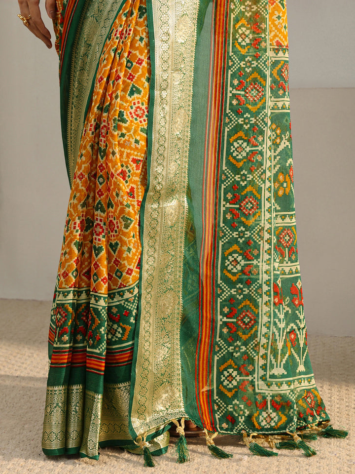 Mustard Pochampally Ikkat Silk Blend Saree With Unstitched Blouse Piece