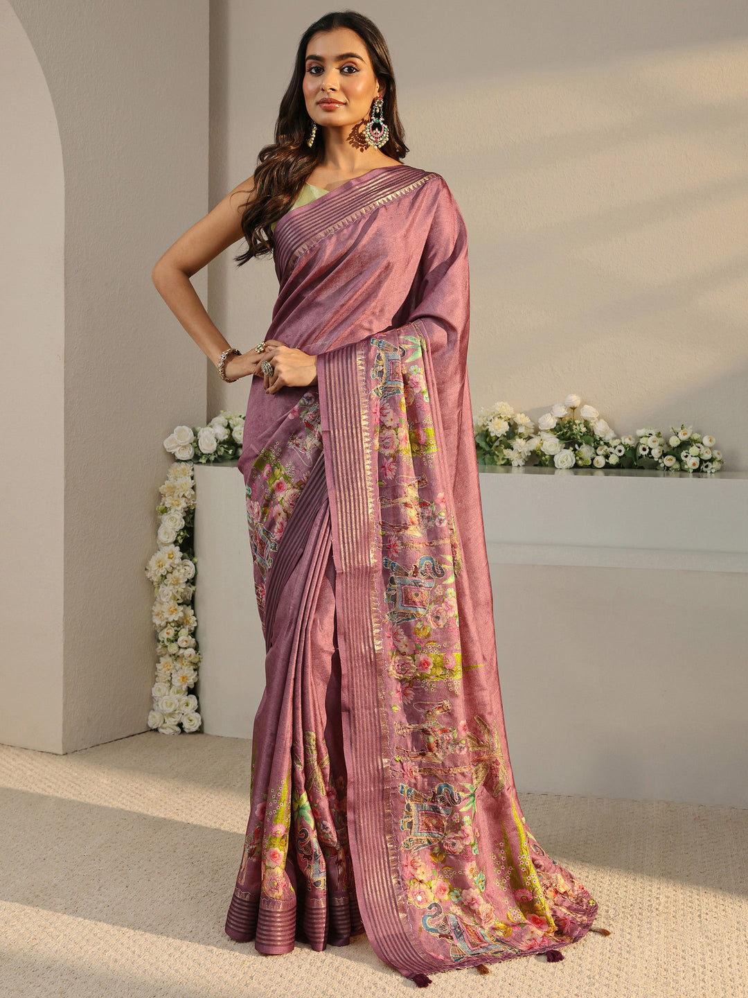 Purple Royal Printed Silk Blend Saree With Unstitched Blouse Piece