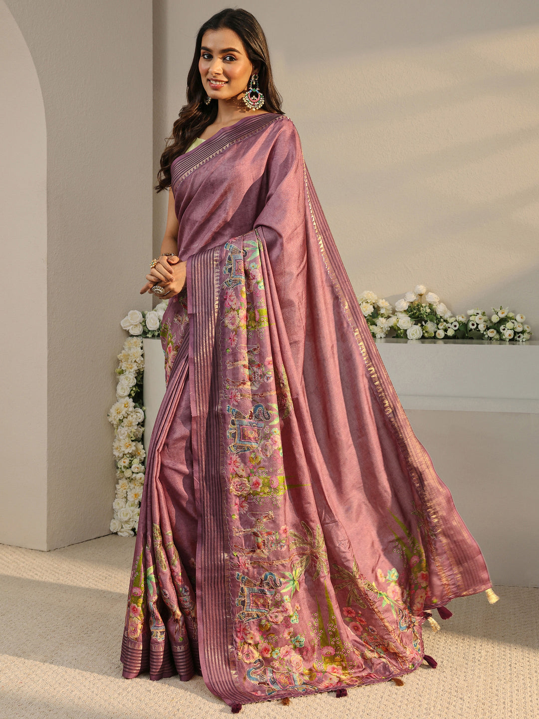 Purple Royal Printed Silk Blend Saree With Unstitched Blouse Piece