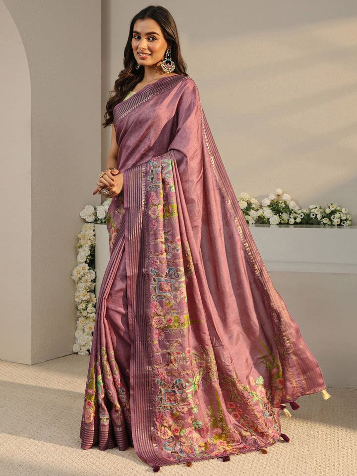 Purple Royal Printed Silk Blend Saree With Unstitched Blouse Piece