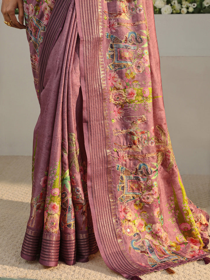 Purple Royal Printed Silk Blend Saree With Unstitched Blouse Piece