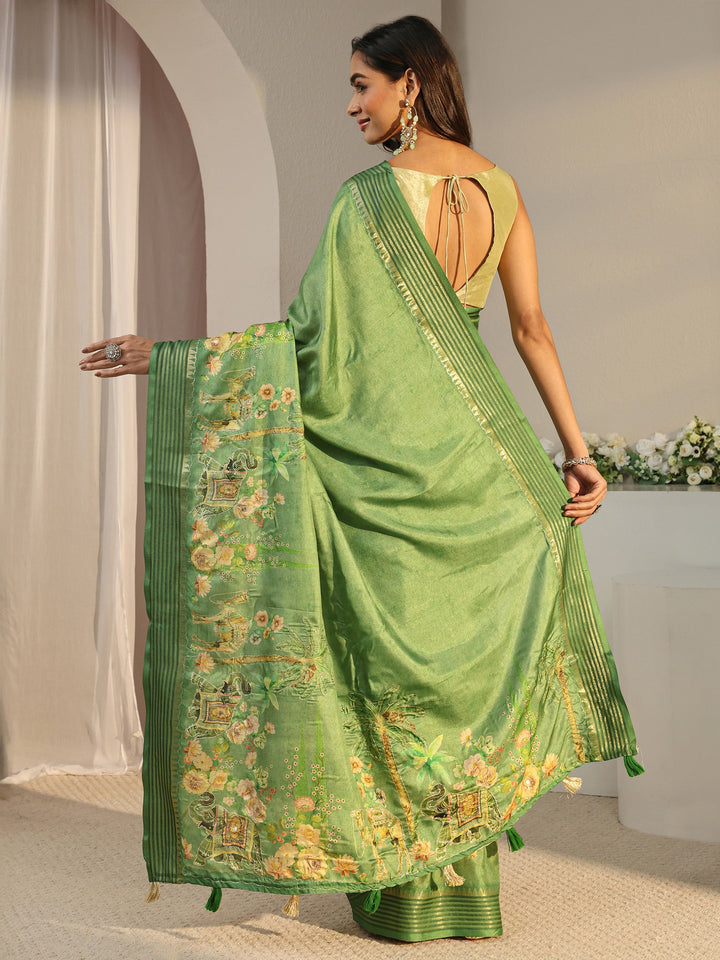 Green Royal Printed Silk Blend Saree With Unstitched Blouse Piece