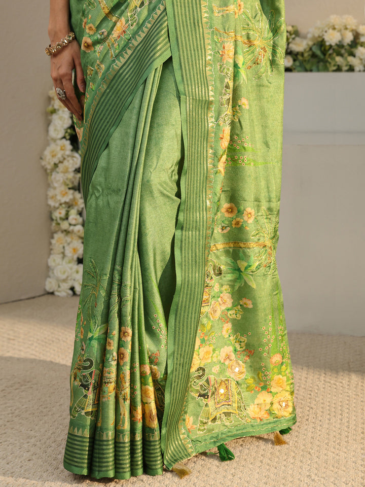 Green Royal Printed Silk Blend Saree With Unstitched Blouse Piece