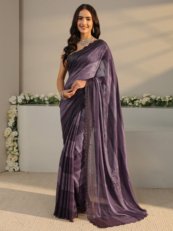 Purple Striped Printed Chiffon Saree With Unstitched Blouse Piece