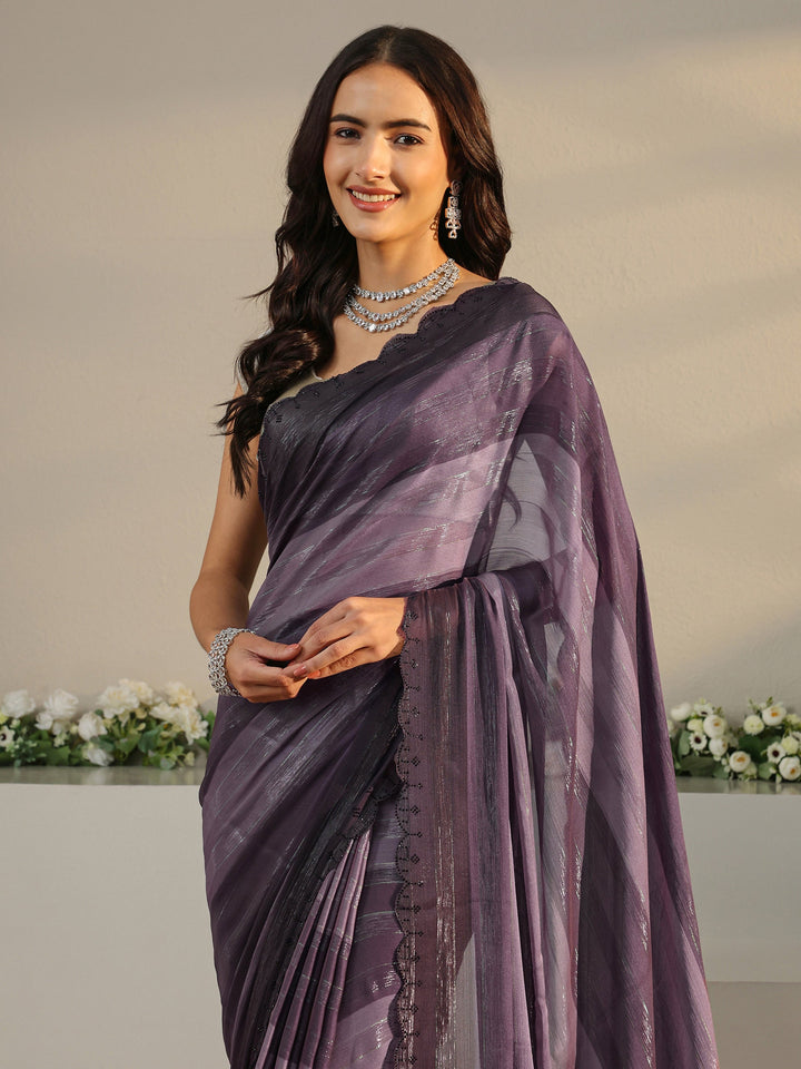 Purple Striped Printed Chiffon Saree With Unstitched Blouse Piece