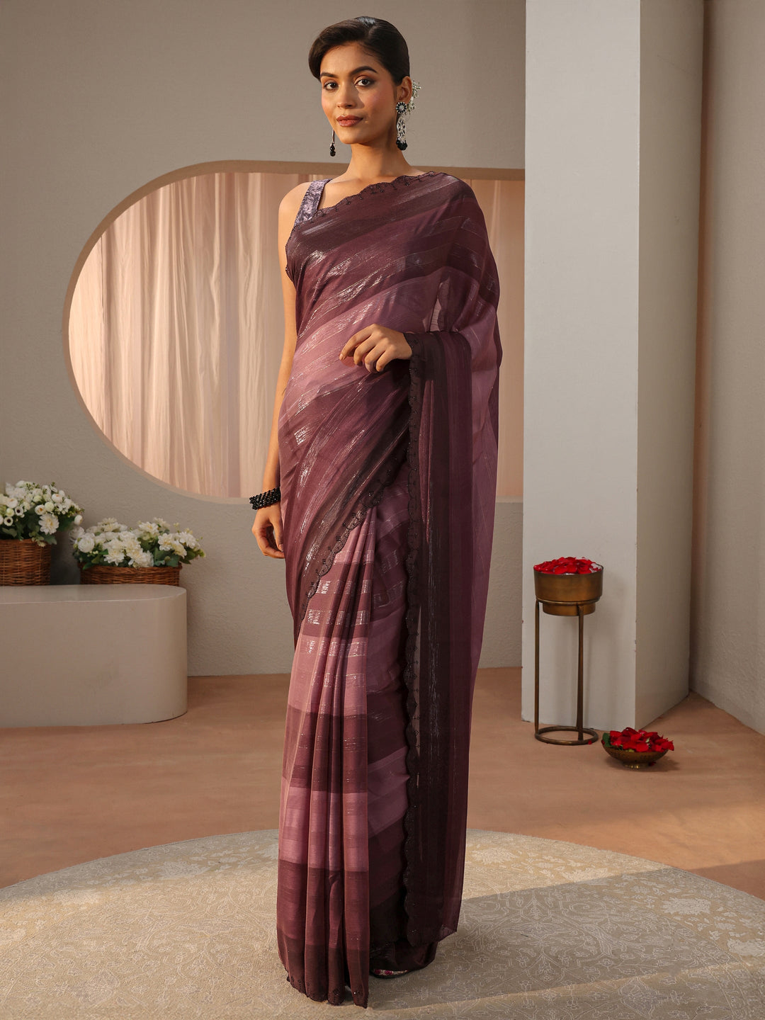 Mauve Striped Printed Chiffon Saree