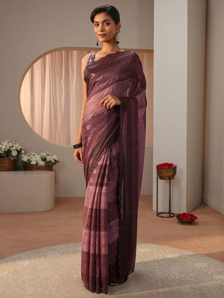 Mauve Striped Printed Chiffon Saree