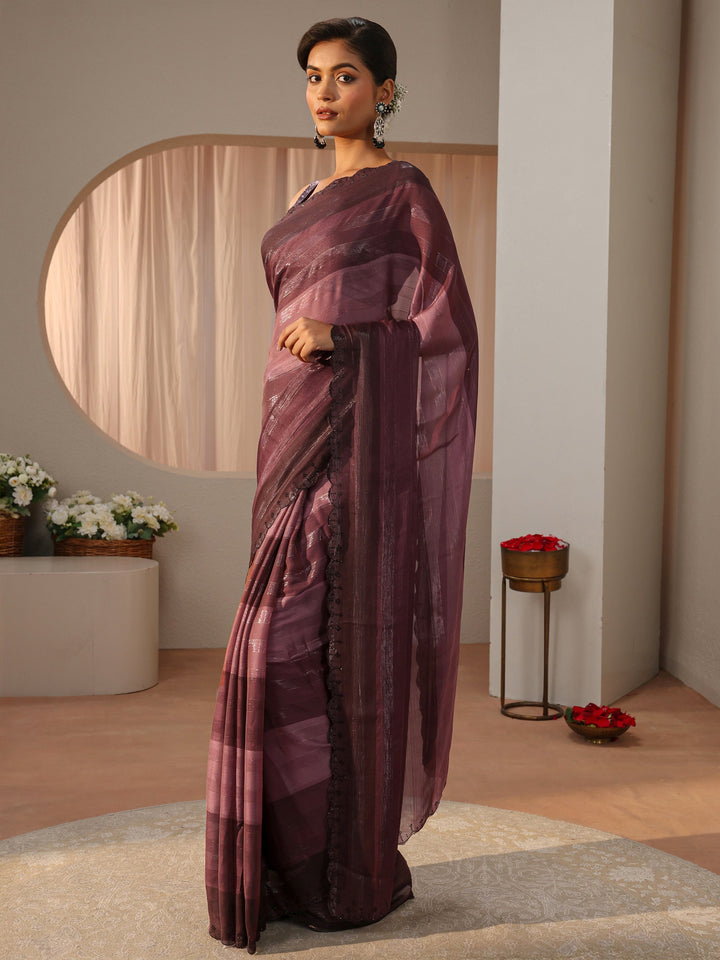 Mauve Striped Printed Chiffon Saree