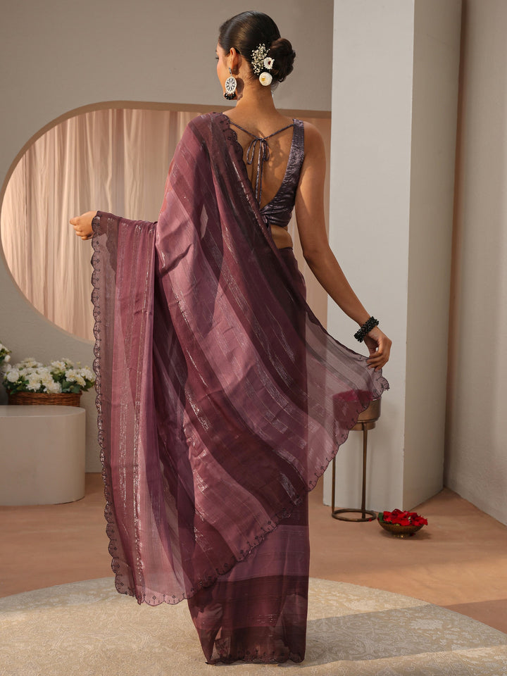 Mauve Striped Printed Chiffon Saree