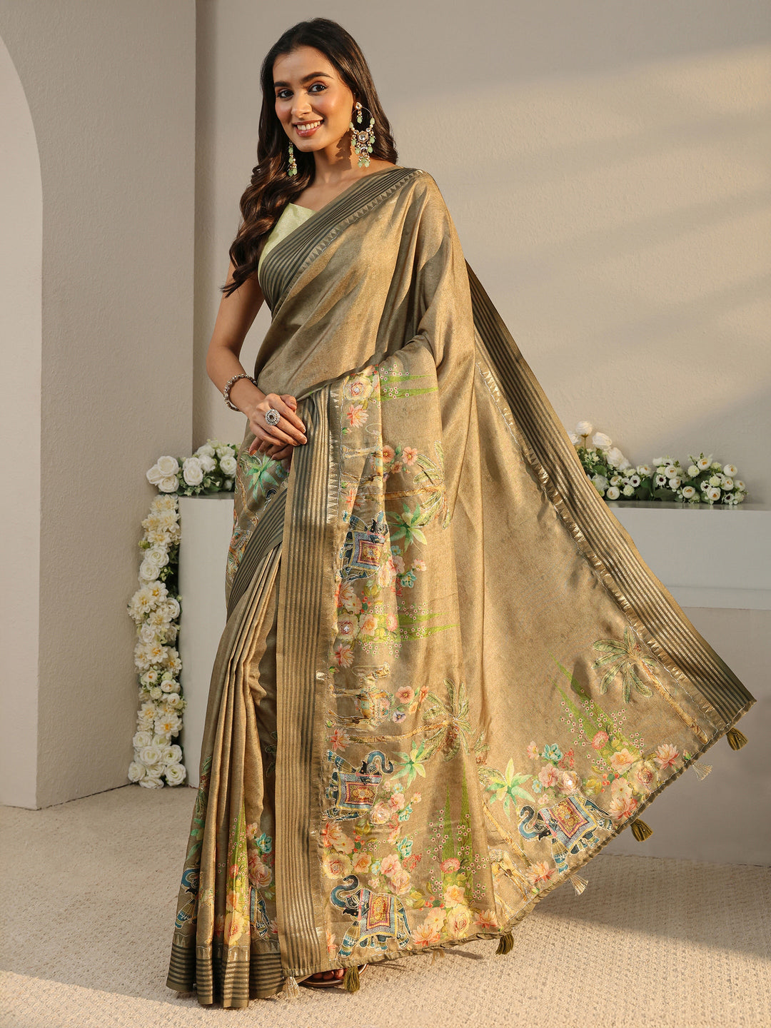 Mustard Pochampally Ikkat Chiffon Saree With Unstitched Blouse Piece