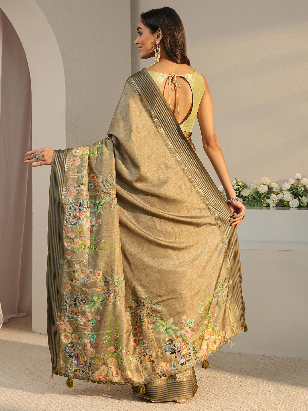 Libas Mustard Pochampally Ikkat Silk Blend Saree With Unstitched Blouse Piece