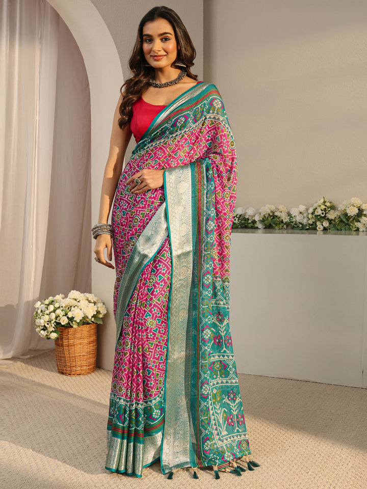 Pink Pochampally Ikkat Chiffon Saree With Unstitched Blouse Piece