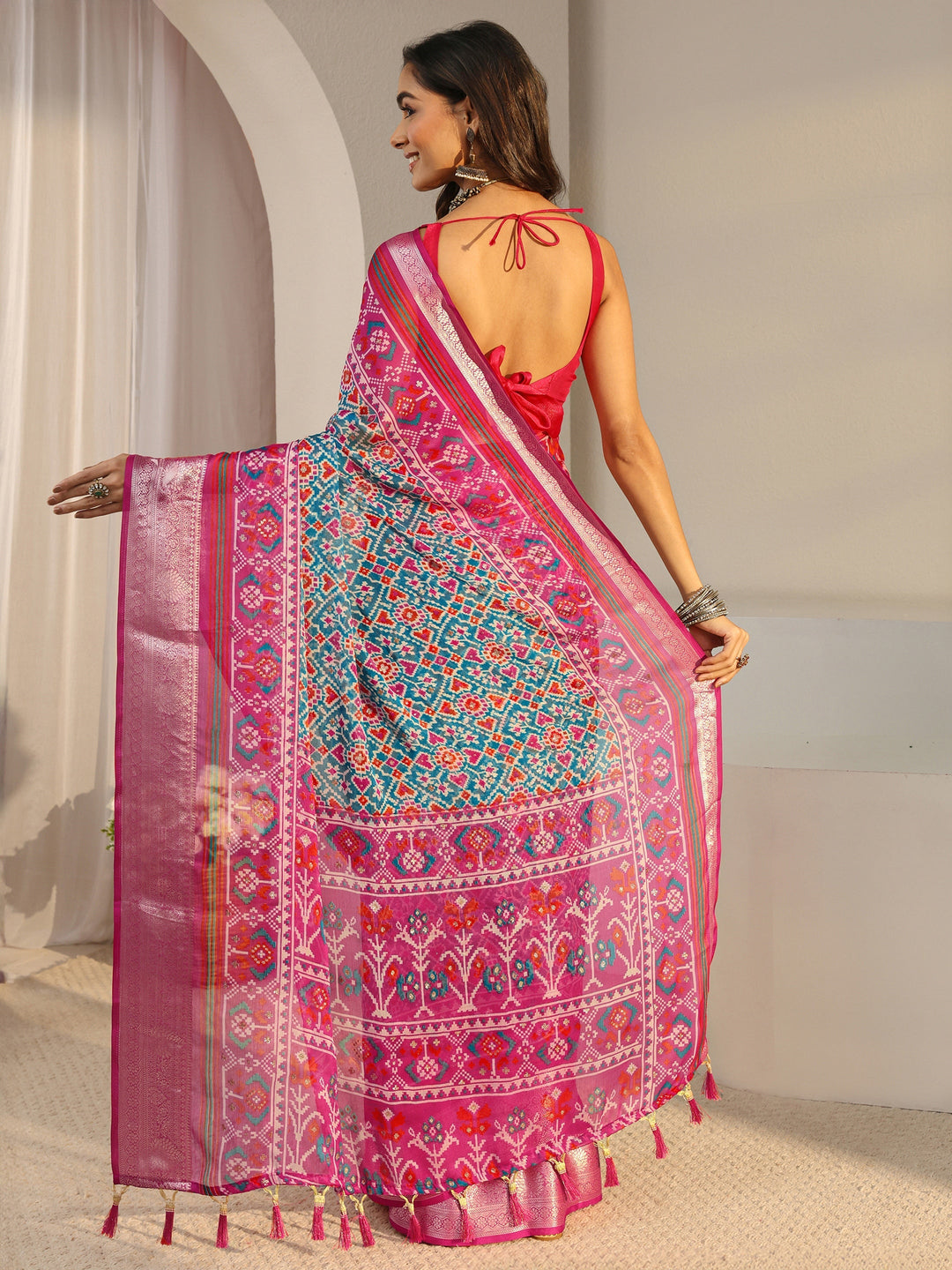 Libas Blue Pochampally Ikkat Chiffon Saree With Unstitched Blouse Piece