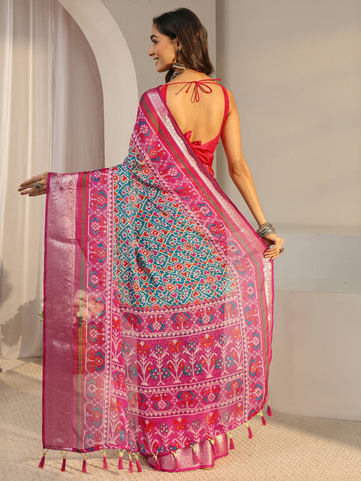 Libas Blue Pochampally Ikkat Chiffon Saree With Unstitched Blouse Piece