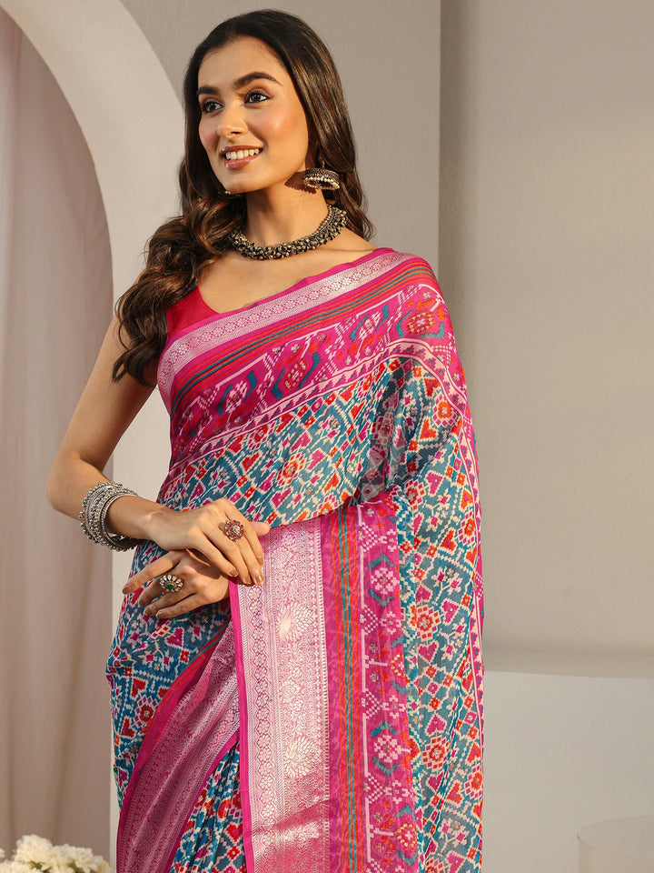 Libas Blue Pochampally Ikkat Chiffon Saree With Unstitched Blouse Piece