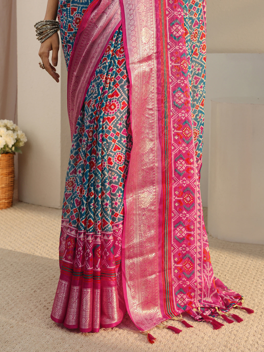 Libas Blue Pochampally Ikkat Chiffon Saree With Unstitched Blouse Piece