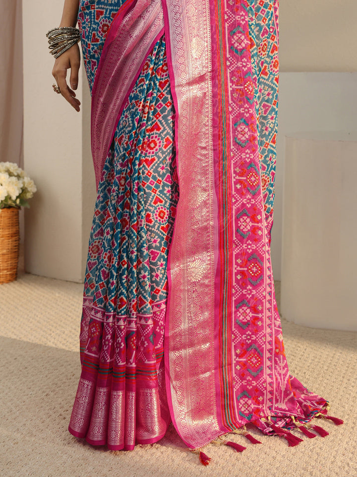 Libas Blue Pochampally Ikkat Chiffon Saree With Unstitched Blouse Piece