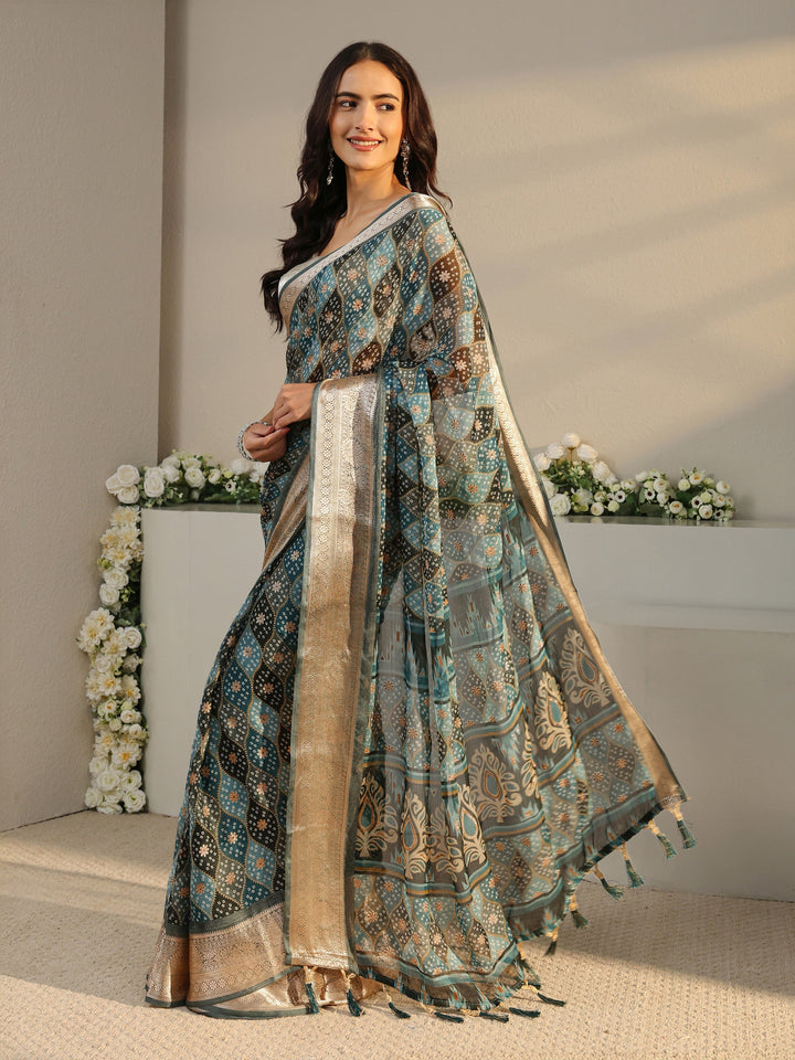 Blue Bandhani Printed Chiffon Saree With Unstitched Blouse Piece