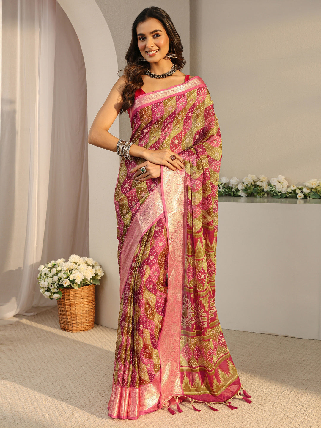 Multi Bandhani Printed Chiffon Saree With Unstitched Blouse Piece