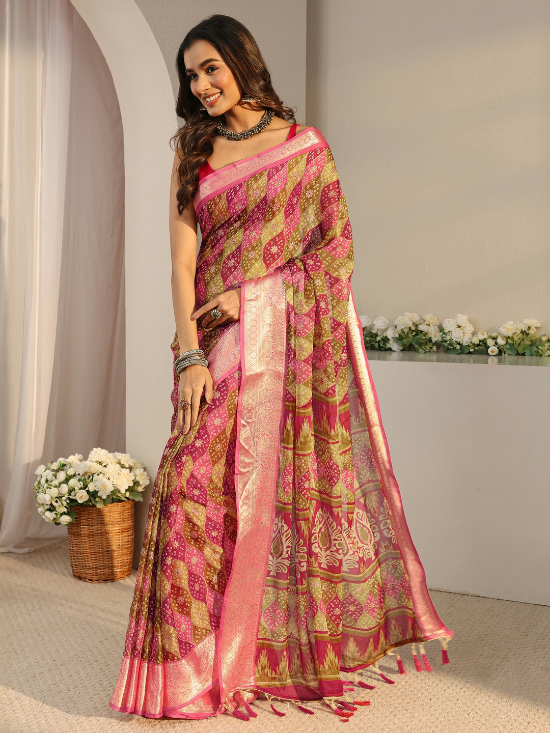 Multi Bandhani Printed Chiffon Saree With Unstitched Blouse Piece