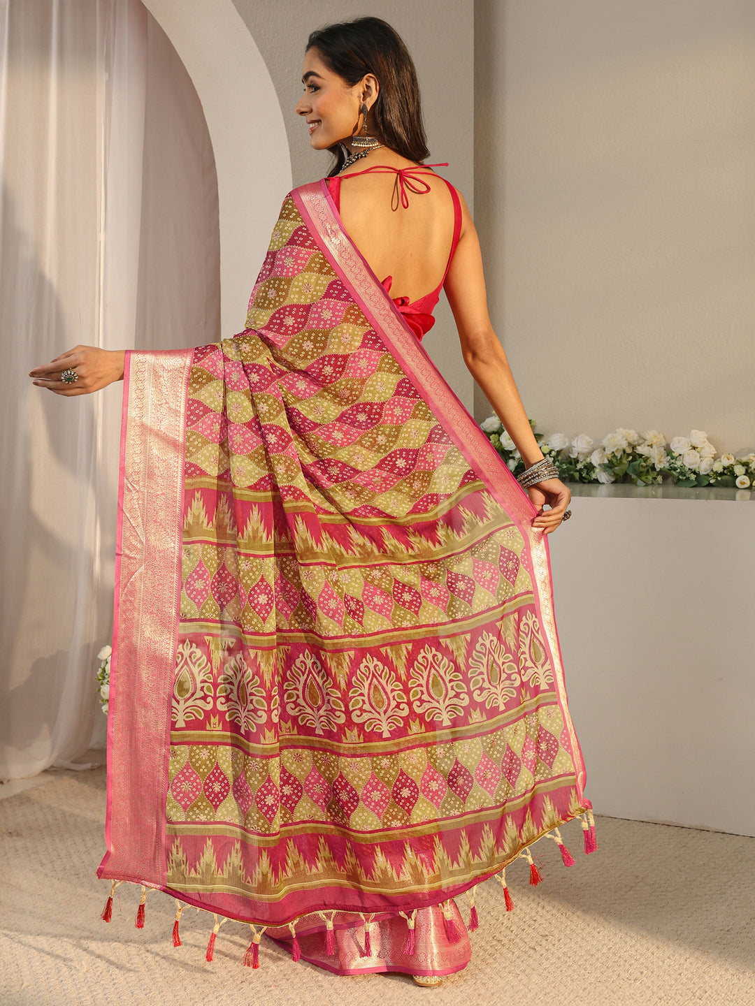 Multi Bandhani Printed Chiffon Saree With Unstitched Blouse Piece