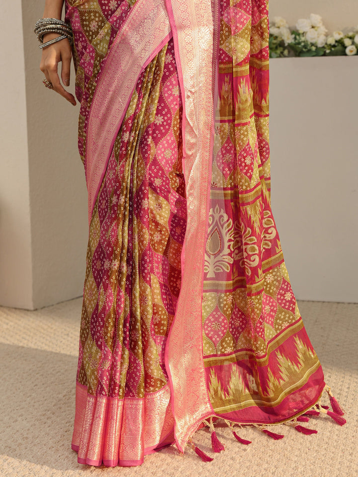 Multi Bandhani Printed Chiffon Saree With Unstitched Blouse Piece