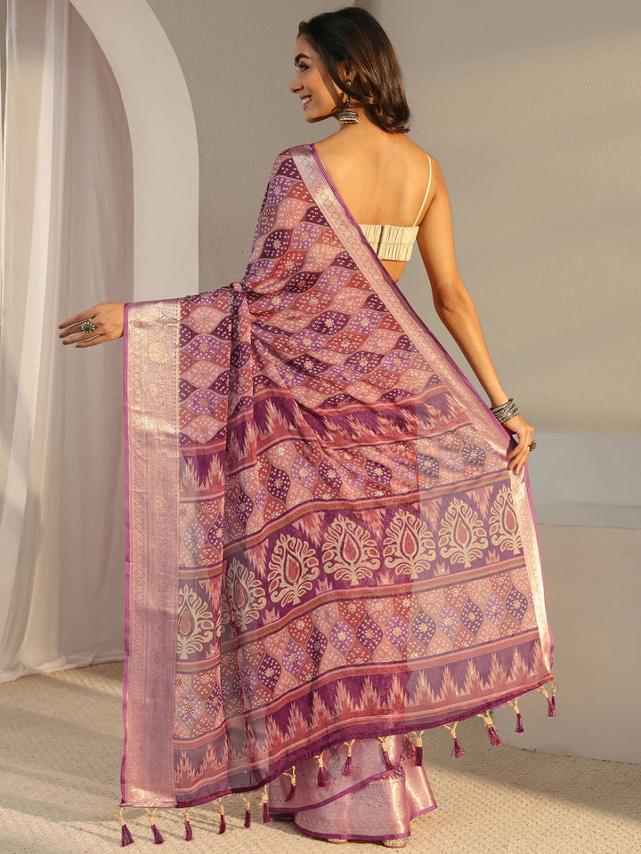 Purple Printed Chiffon Saree With Unstitched Blouse Piece