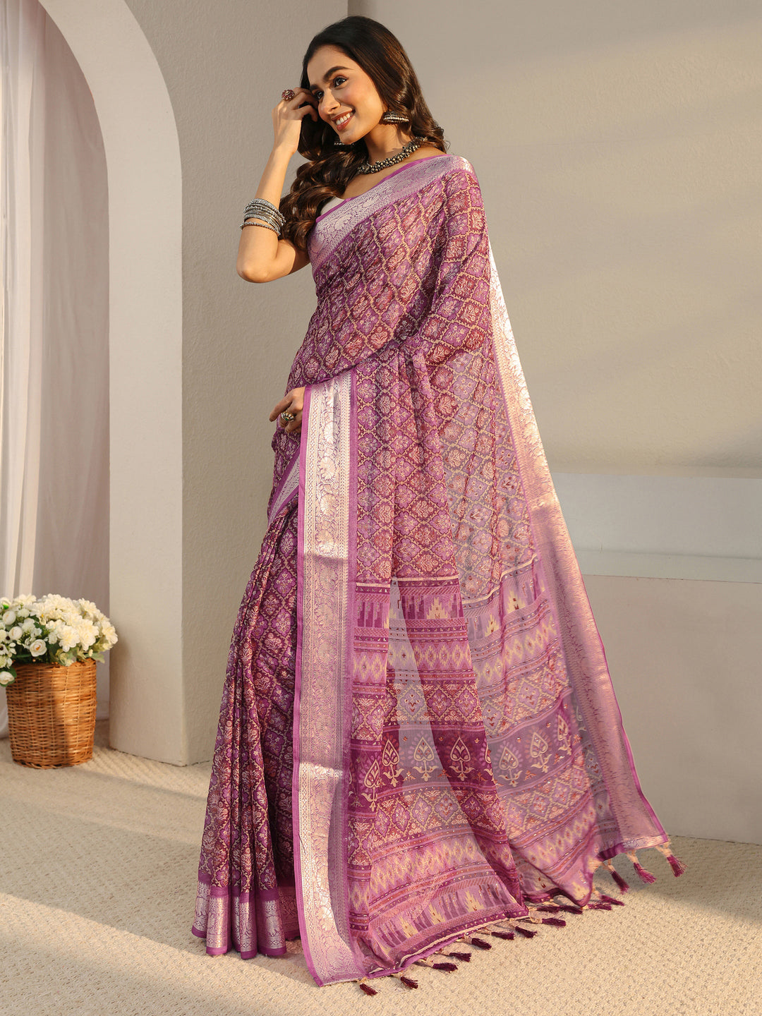 Purple Bandhani Printed Chiffon Saree With Unstitched Blouse Piece